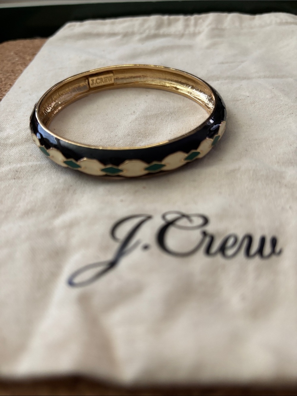 J. Crew Black Enamel Bangle with Green and Cream Diamond Motif